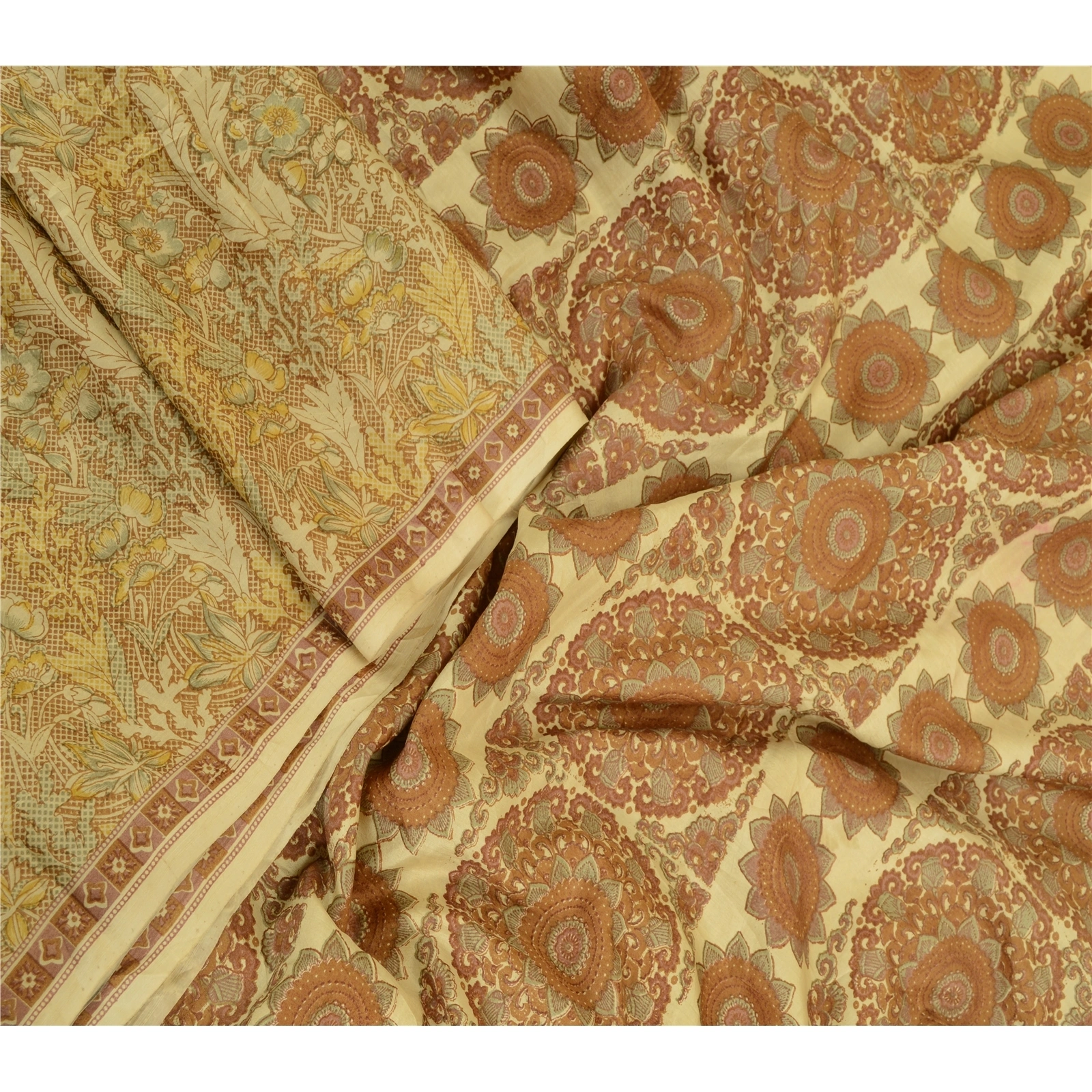 Sanskriti Vintage Sarees Shades Of Cream Printed Pure Silk Sari 5Yd Craft Fabric, PR-63915-Shades Of Cream-Pure Silk-2