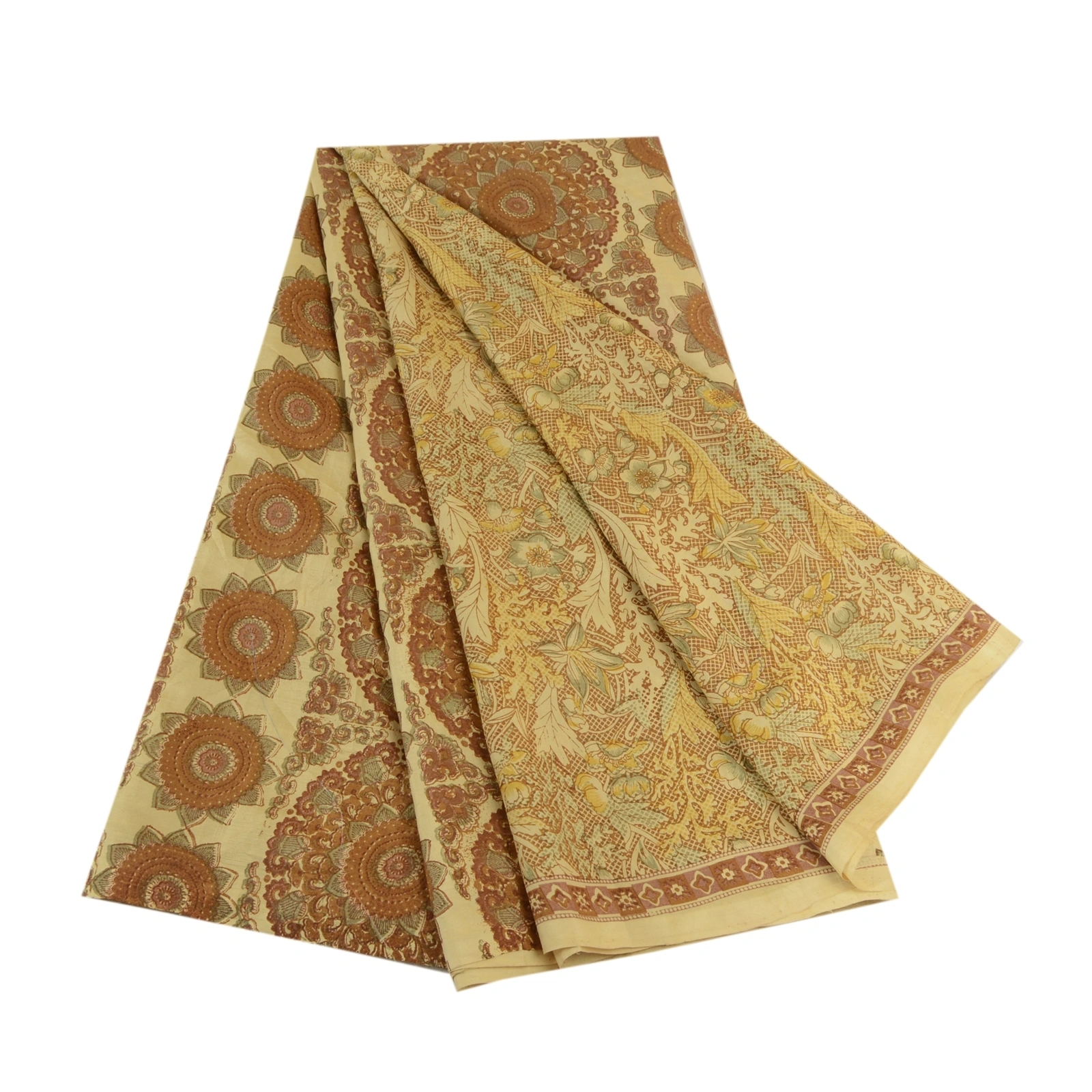 Sanskriti Vintage Sarees Shades Of Cream Printed Pure Silk Sari 5Yd Craft Fabric, PR-63915-Shades Of Cream-Pure Silk-7