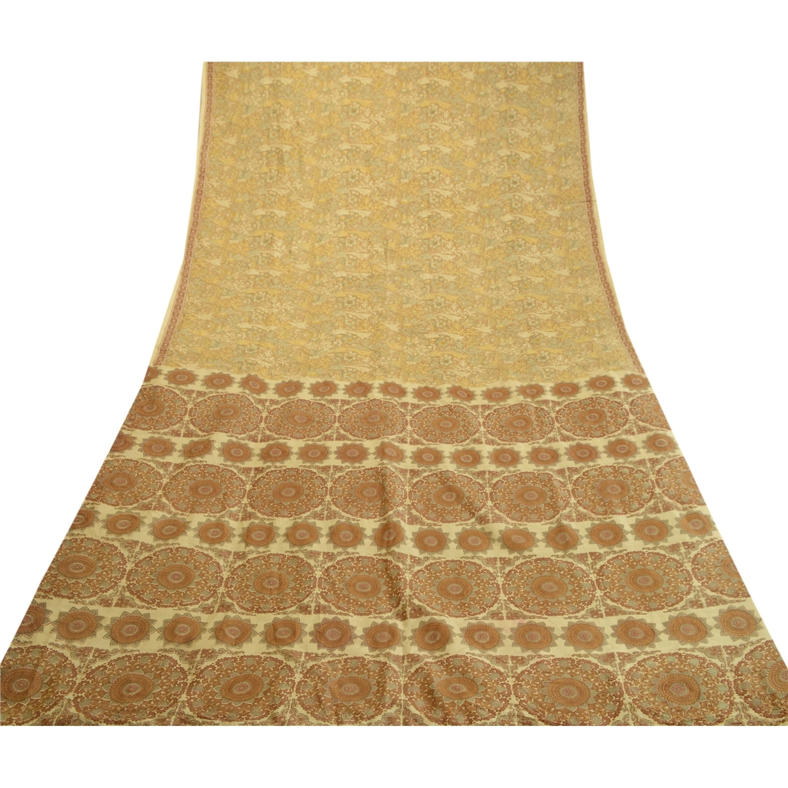 Sanskriti Vintage Sarees Shades Of Cream Printed Pure Silk Sari 5Yd Craft Fabric, PR-63915-Shades Of Cream-Pure Silk-8