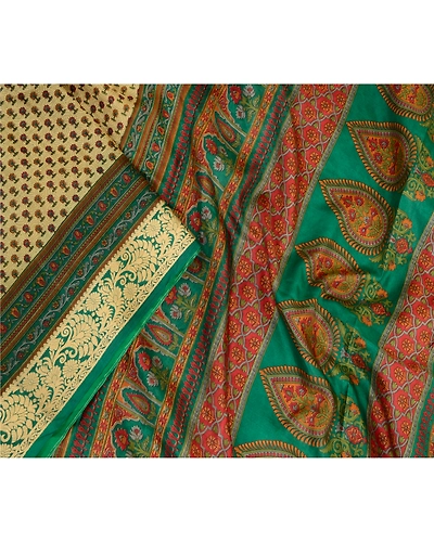 Sanskriti Vintage Sarees Cream Printed 100% Pure Silk Sari Floral Craft Fabric, PR-63921-Cream-Pure Silk-1