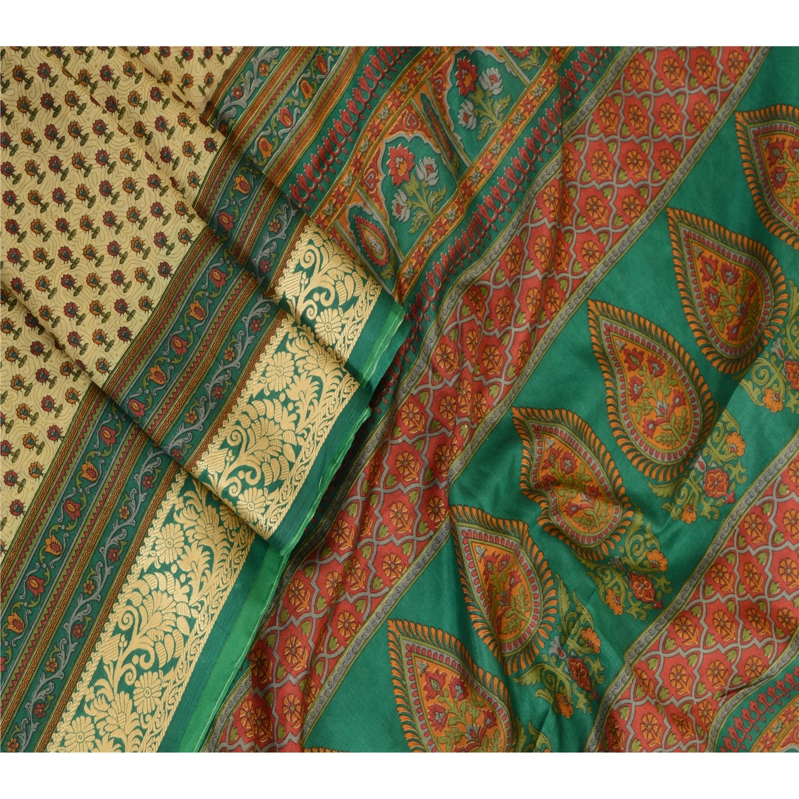 Sanskriti Vintage Sarees Cream Printed 100% Pure Silk Sari Floral Craft Fabric, PR-63921-Cream-Pure Silk-2