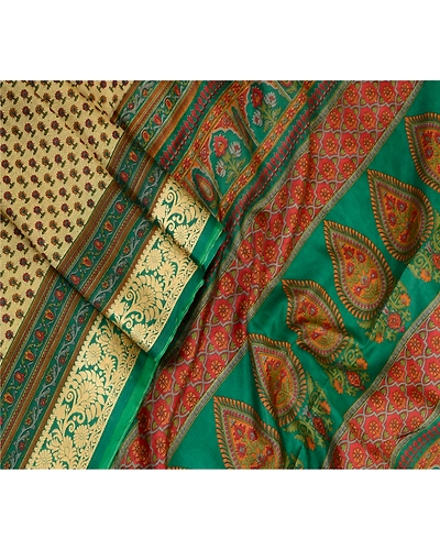 Sanskriti Vintage Sarees Cream Printed 100% Pure Silk Sari Floral Craft Fabric, PR-63921-Cream-Pure Silk-2