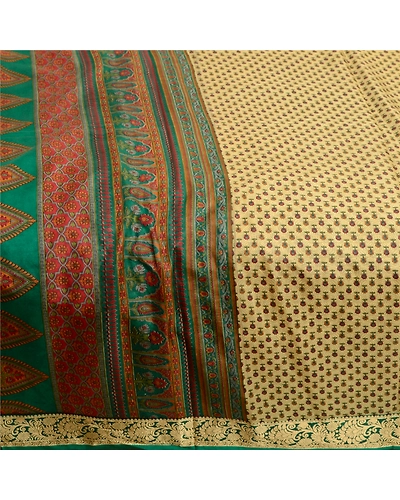 Sanskriti Vintage Sarees Cream Printed 100% Pure Silk Sari Floral Craft Fabric, PR-63921-Cream-Pure Silk-3