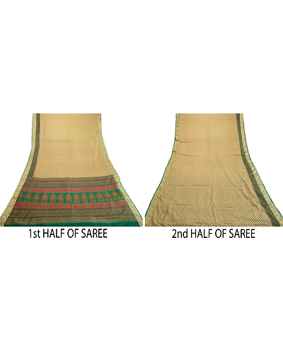 Sanskriti Vintage Sarees Cream Printed 100% Pure Silk Sari Floral Craft Fabric, PR-63921-Cream-Pure Silk-4