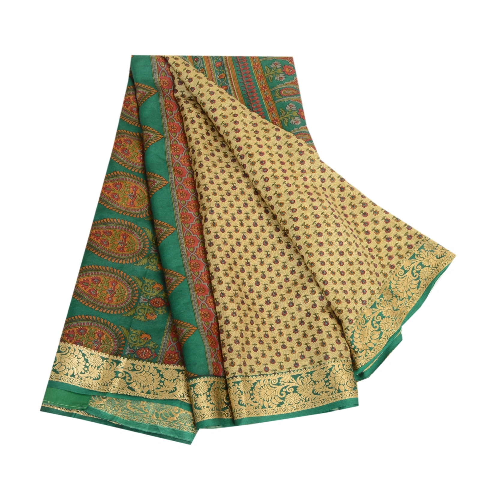 Sanskriti Vintage Sarees Cream Printed 100% Pure Silk Sari Floral Craft Fabric, PR-63921-Cream-Pure Silk-6