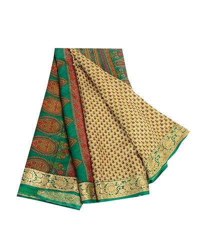 Sanskriti Vintage Sarees Cream Printed 100% Pure Silk Sari Floral Craft Fabric, PR-63921-Cream-Pure Silk-6