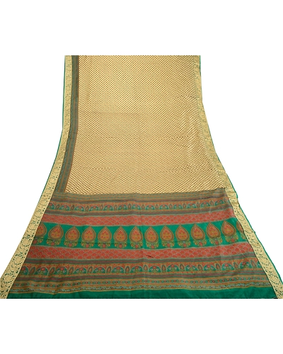 Sanskriti Vintage Sarees Cream Printed 100% Pure Silk Sari Floral Craft Fabric, PR-63921-Cream-Pure Silk-7