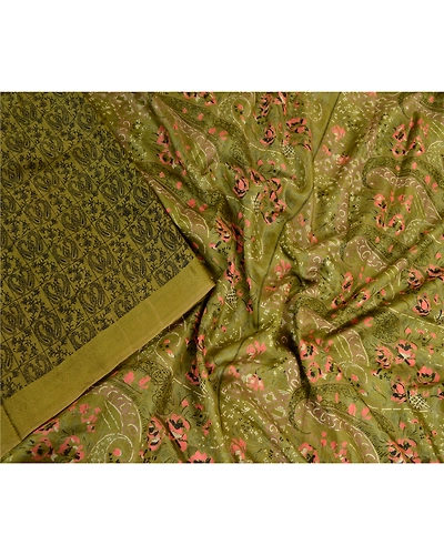 Sanskriti Vintage Sarees Green From India Printed Pure Silk Sari Craft Fabric, PR-63940-Green-Pure Silk-1
