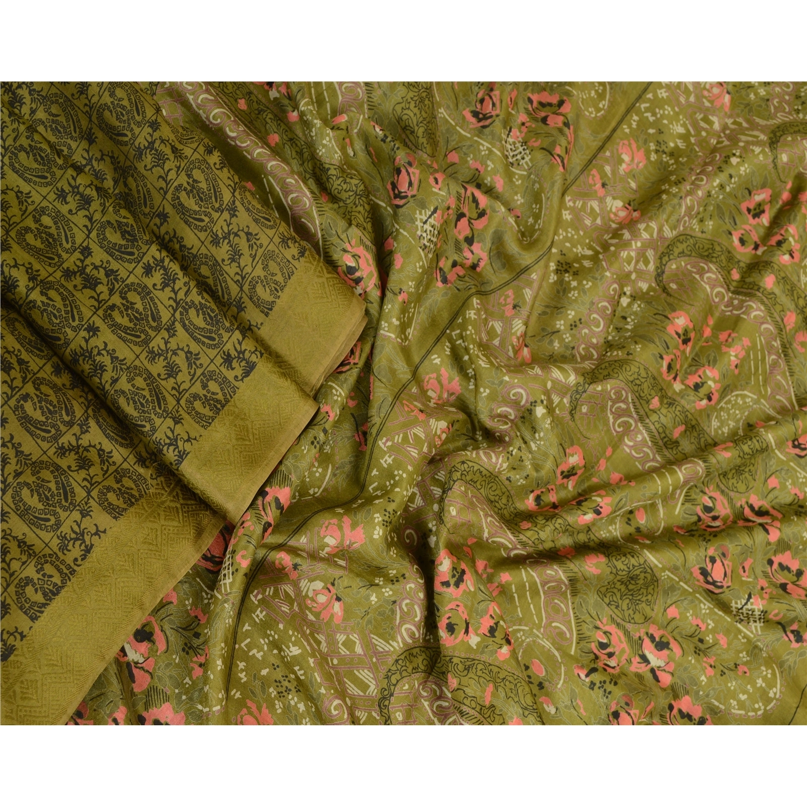 Sanskriti Vintage Sarees Green From India Printed Pure Silk Sari Craft Fabric, PR-63940-Green-Pure Silk-2