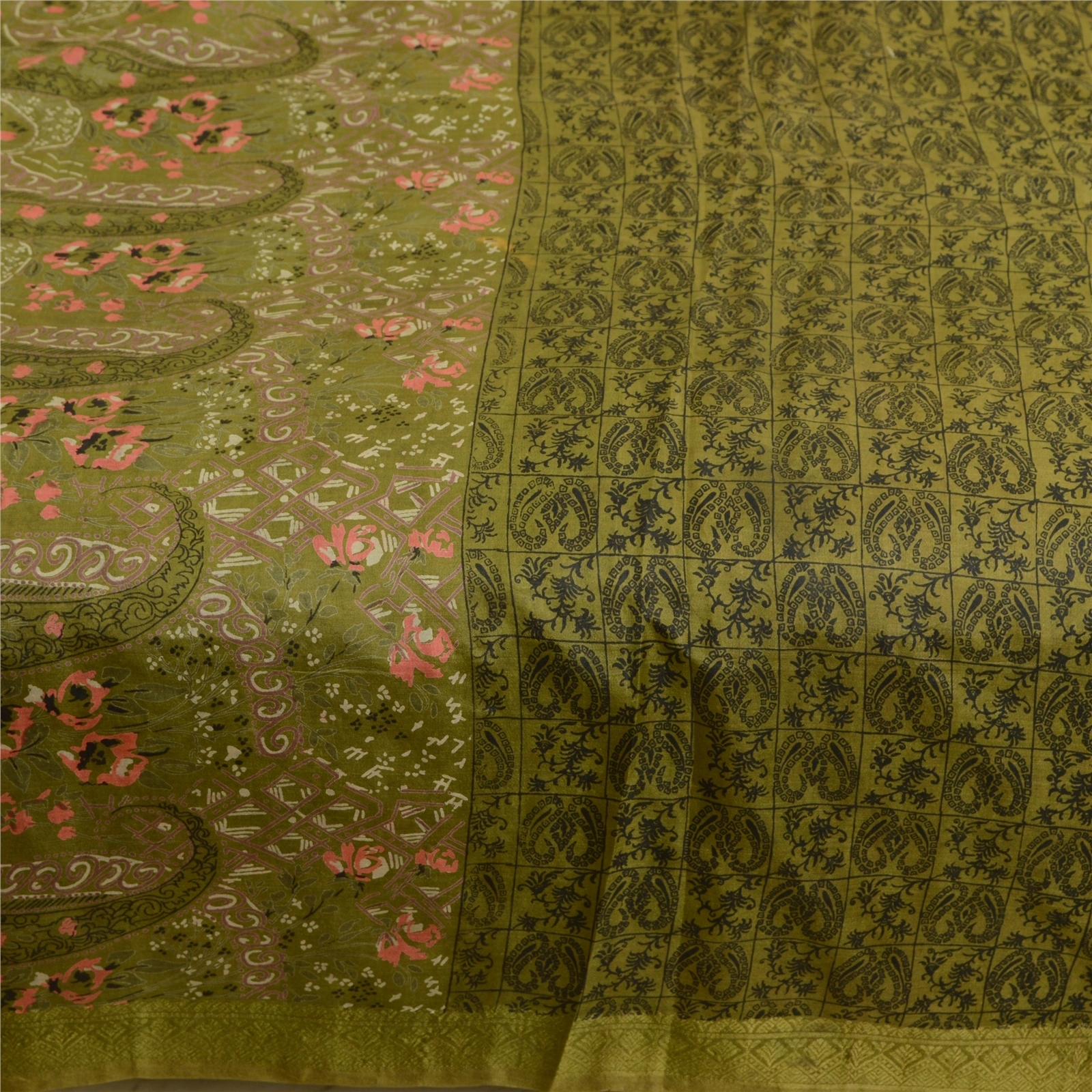 Sanskriti Vintage Sarees Green From India Printed Pure Silk Sari Craft Fabric, PR-63940-Green-Pure Silk-3