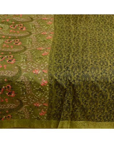 Sanskriti Vintage Sarees Green From India Printed Pure Silk Sari Craft Fabric, PR-63940-Green-Pure Silk-3