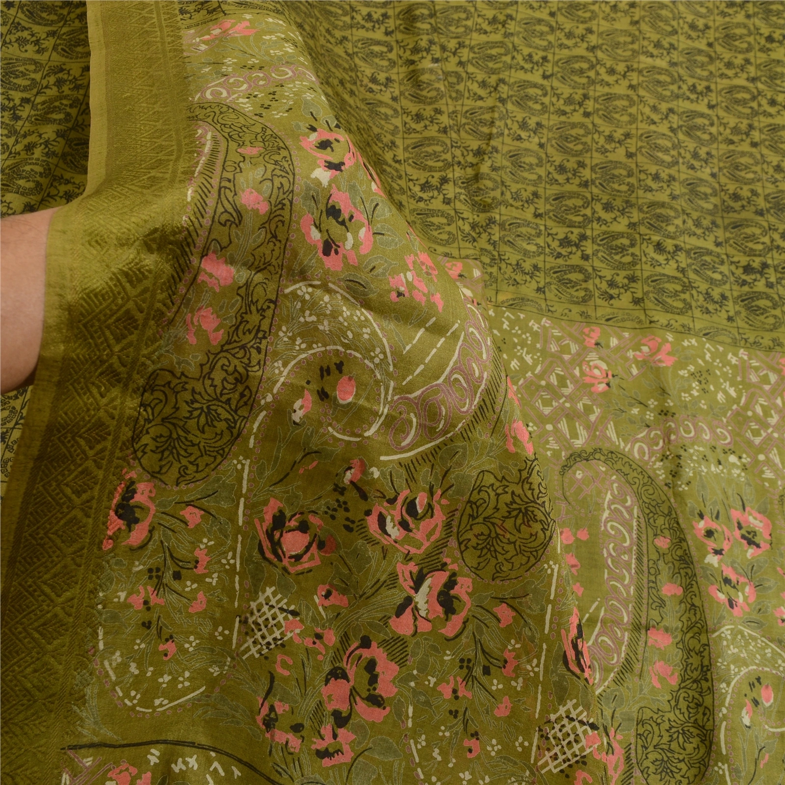 Sanskriti Vintage Sarees Green From India Printed Pure Silk Sari Craft Fabric, PR-63940-Green-Pure Silk-5