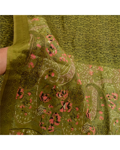 Sanskriti Vintage Sarees Green From India Printed Pure Silk Sari Craft Fabric, PR-63940-Green-Pure Silk-5