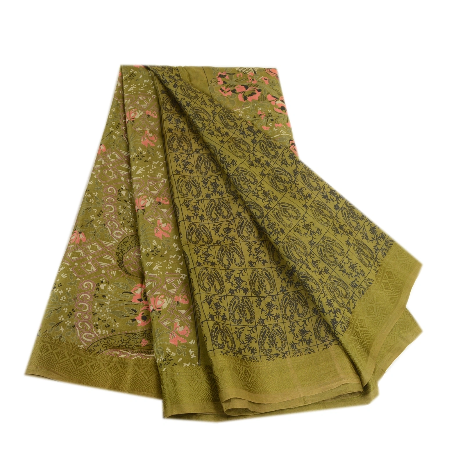 Sanskriti Vintage Sarees Green From India Printed Pure Silk Sari Craft Fabric, PR-63940-Green-Pure Silk-6