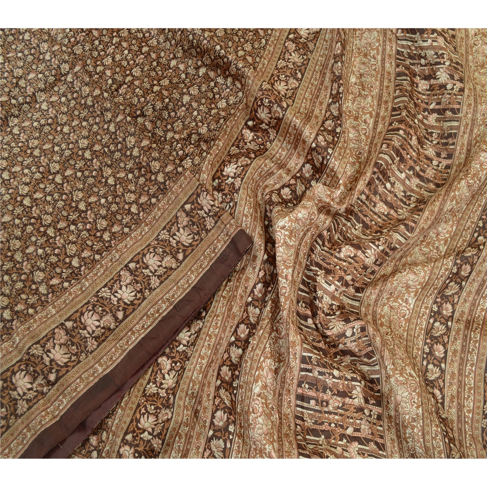 Sanskriti Vintage Sarees From India Brown Pure Silk Printed Sari Craft Fabric, PR-63949-Brown-Pure Silk-1