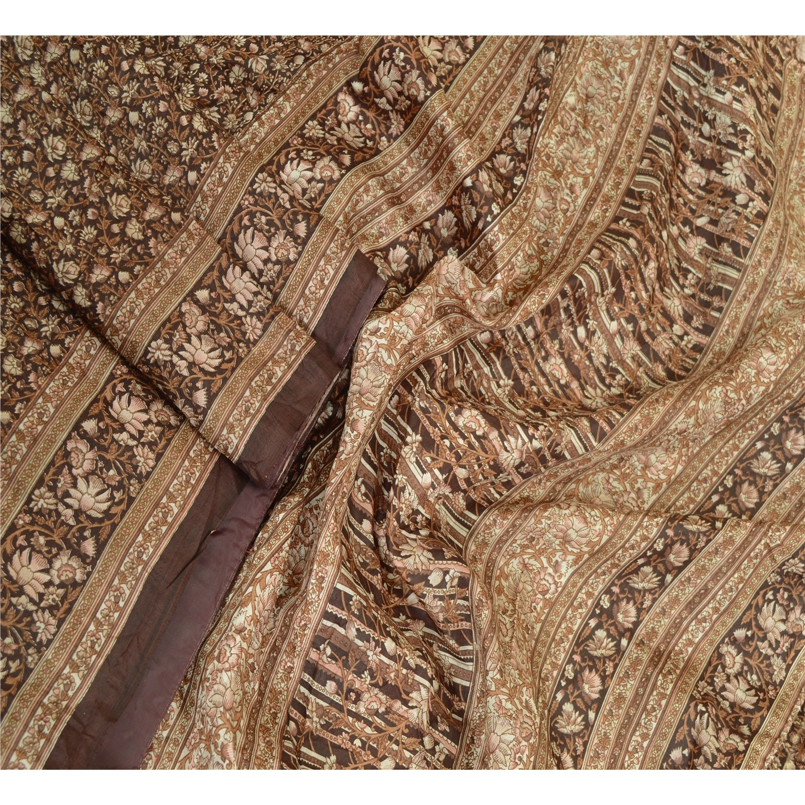 Sanskriti Vintage Sarees From India Brown Pure Silk Printed Sari Craft Fabric, PR-63949-Brown-Pure Silk-2