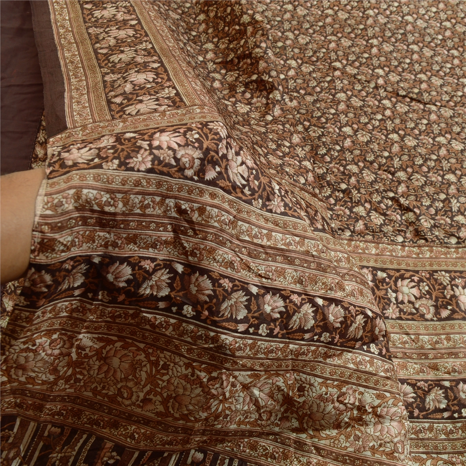 Sanskriti Vintage Sarees From India Brown Pure Silk Printed Sari Craft Fabric, PR-63949-Brown-Pure Silk-5