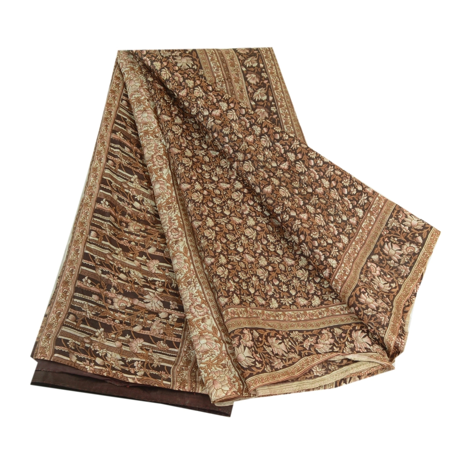 Sanskriti Vintage Sarees From India Brown Pure Silk Printed Sari Craft Fabric, PR-63949-Brown-Pure Silk-6