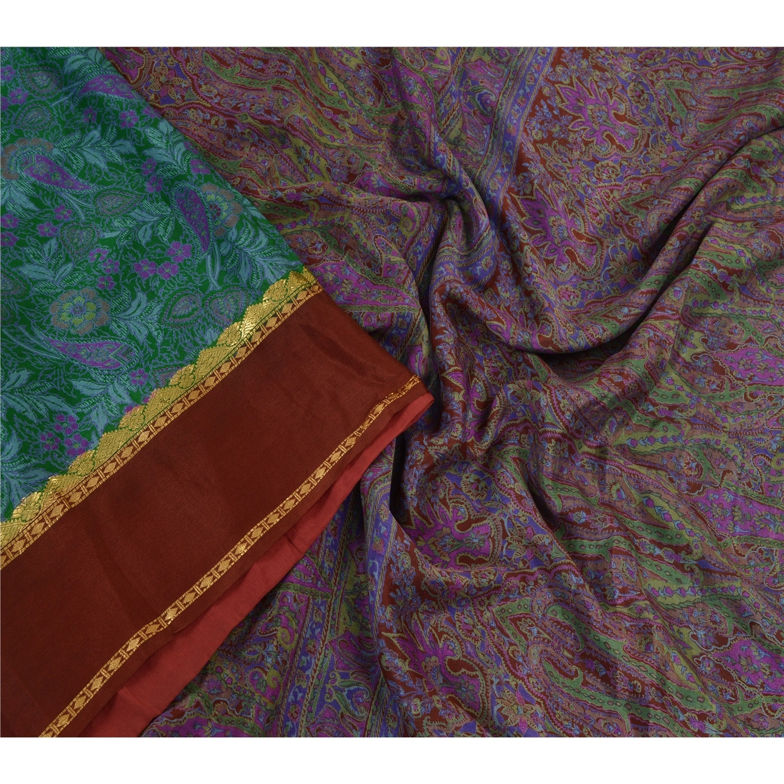 Sanskriti Vintage Sarees Green Pure Silk Printed Woven Sari Floral Craft Fabric, PR-63954-Green-Pure Silk-1