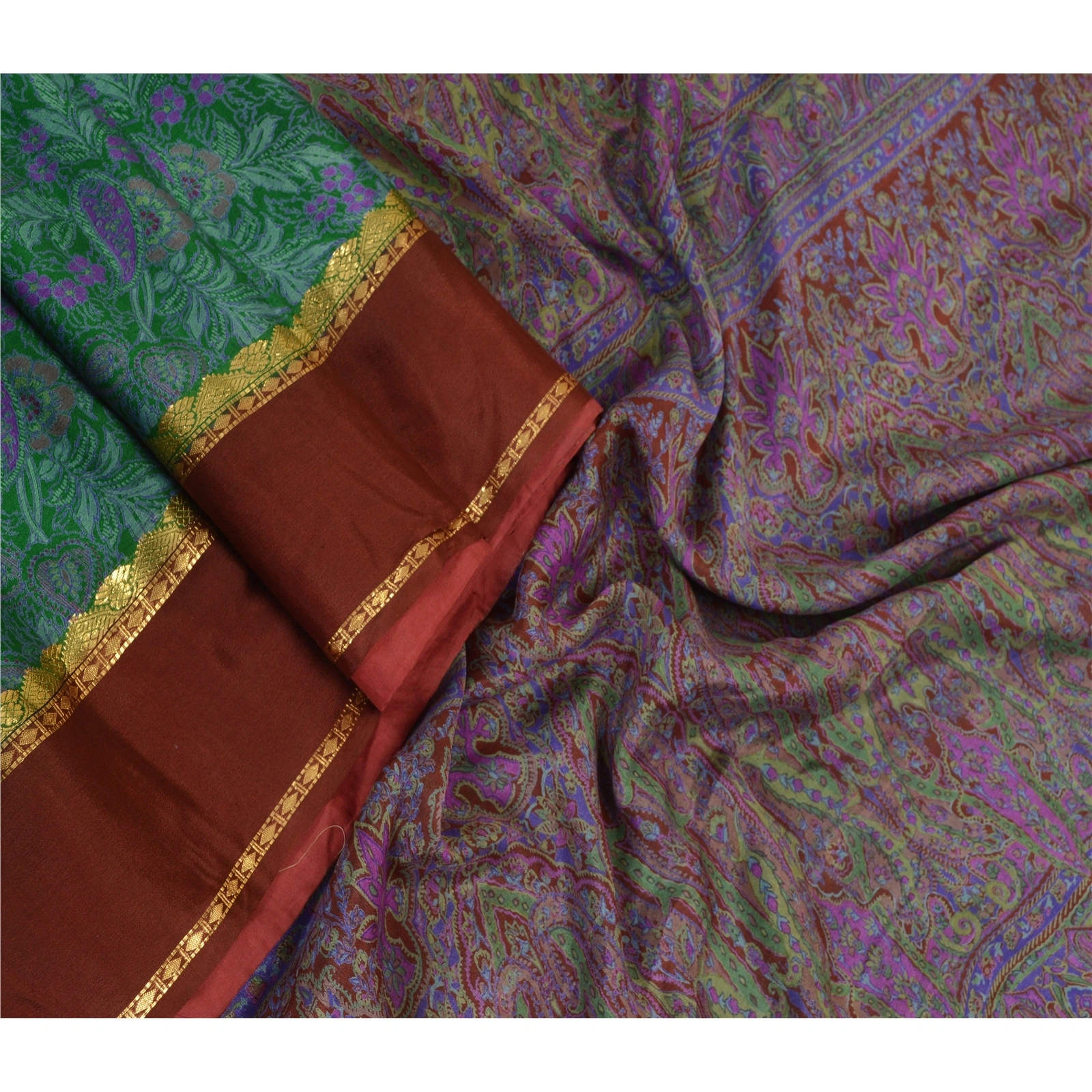 Sanskriti Vintage Sarees Green Pure Silk Printed Woven Sari Floral Craft Fabric, PR-63954-Green-Pure Silk-2