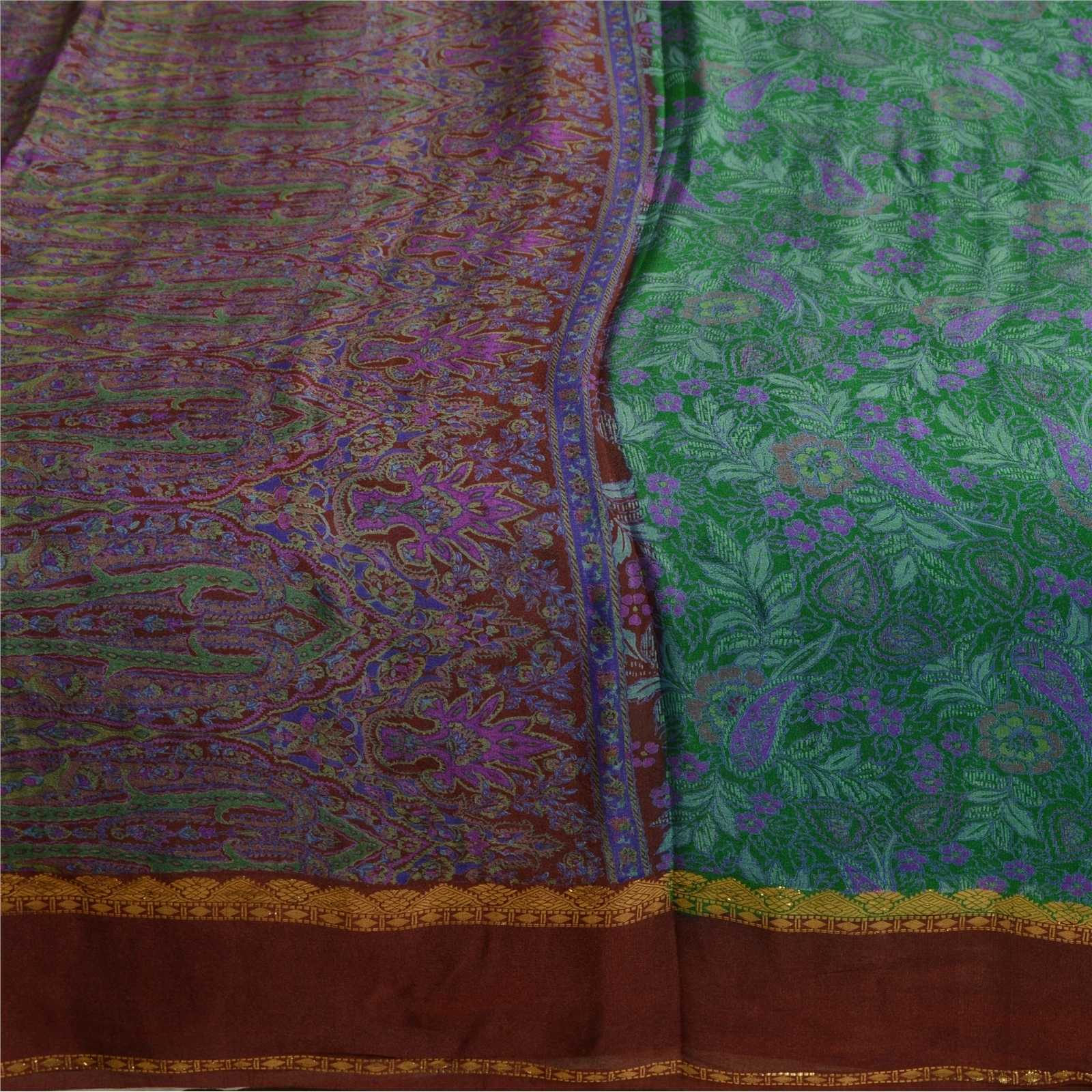 Sanskriti Vintage Sarees Green Pure Silk Printed Woven Sari Floral Craft Fabric, PR-63954-Green-Pure Silk-3