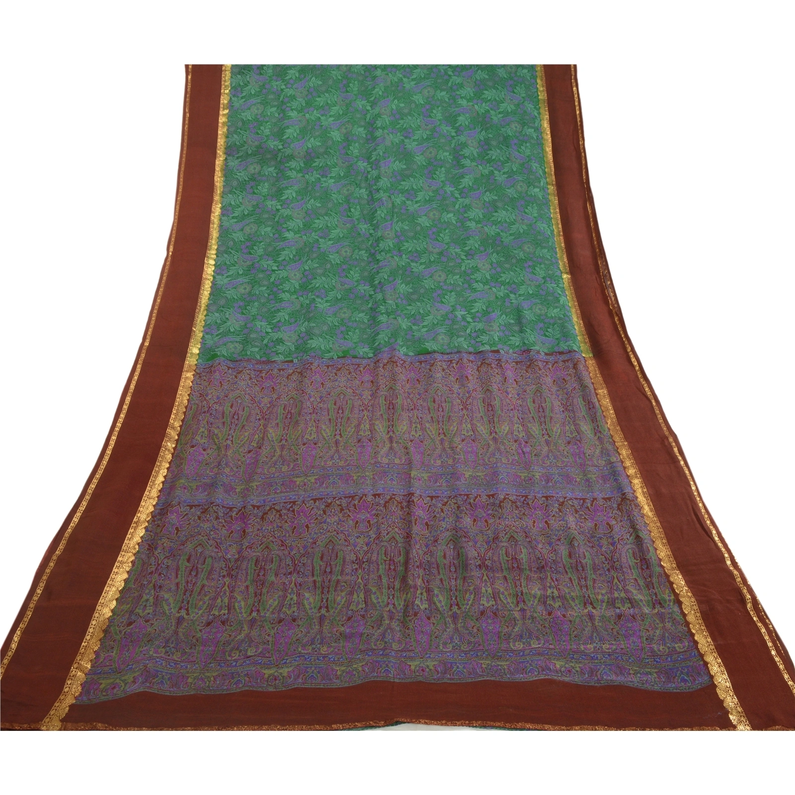 Sanskriti Vintage Sarees Green Pure Silk Printed Woven Sari Floral Craft Fabric, PR-63954-Green-Pure Silk-7