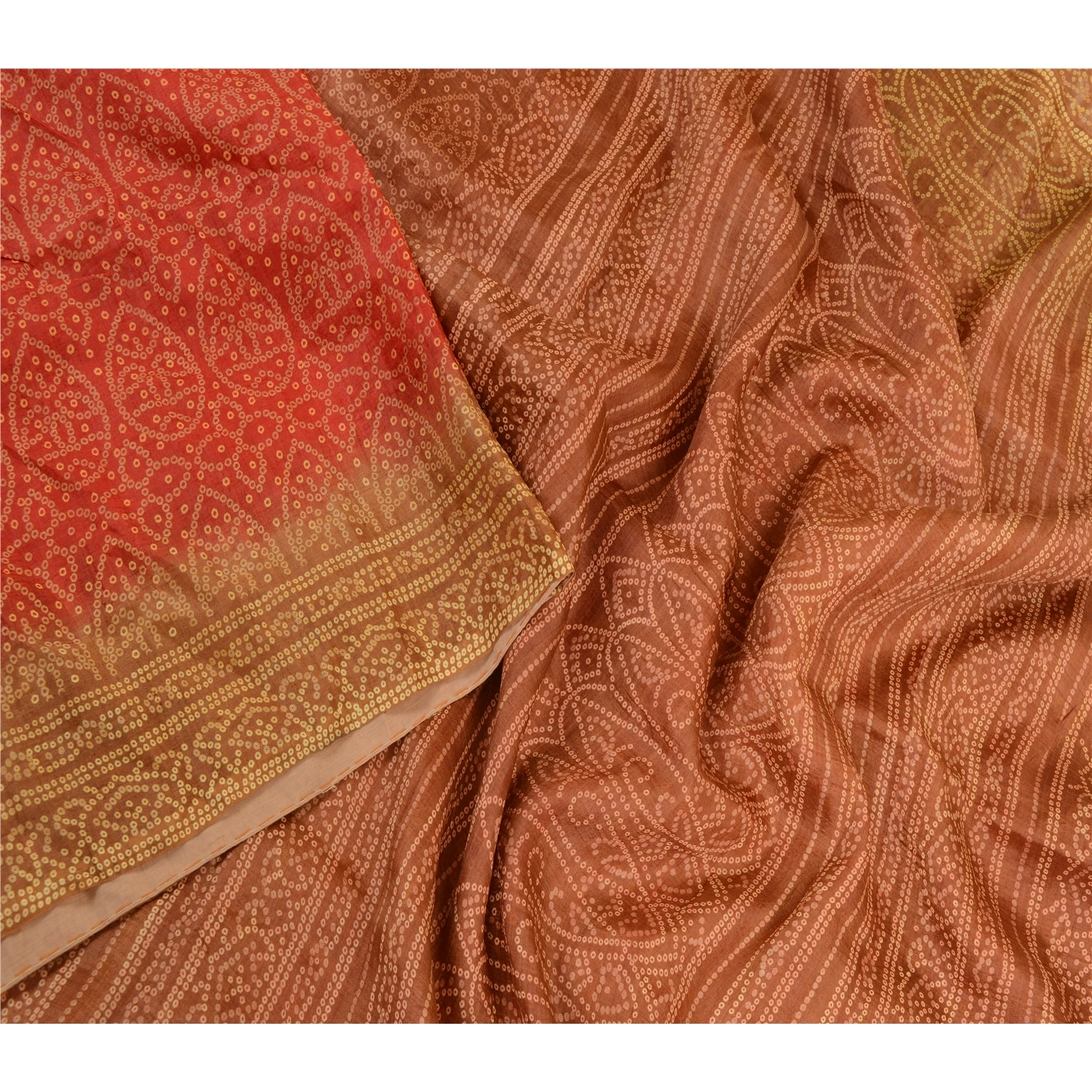 Sanskriti Vintage Sarees Red Bandhani Pure Silk Printed Sari Floral Craft Fabric, PR-63955-Red-Pure Silk-2