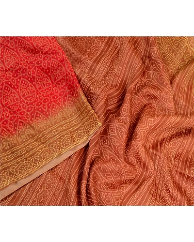Sanskriti Vintage Sarees Red Bandhani Pure Silk Printed Sari Floral Craft Fabric, PR-63955-Red-Pure Silk-2