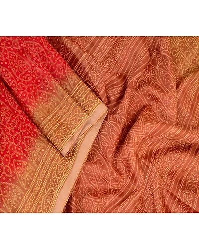 Sanskriti Vintage Sarees Red Bandhani Pure Silk Printed Sari Floral Craft Fabric, PR-63955-Red-Pure Silk-3