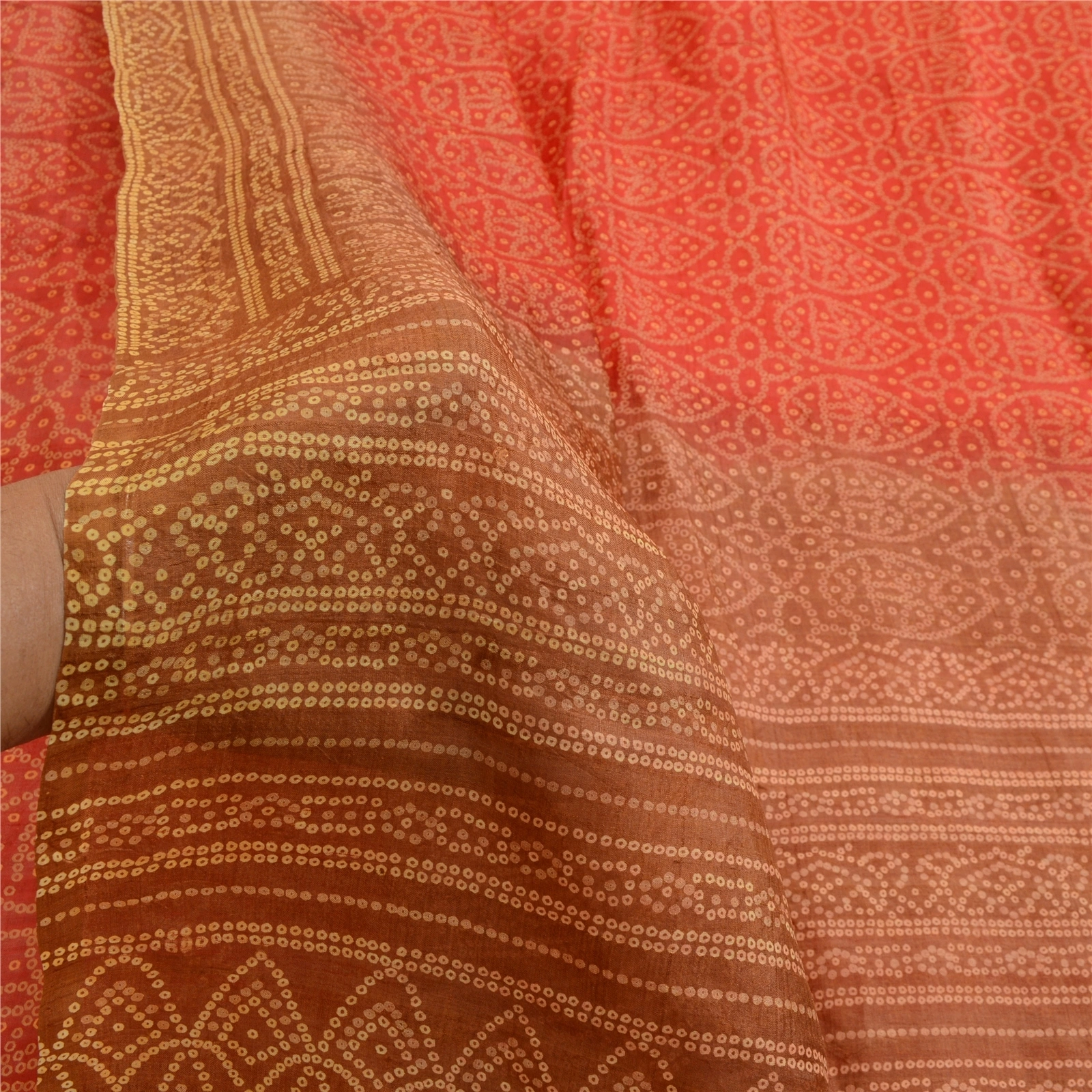 Sanskriti Vintage Sarees Red Bandhani Pure Silk Printed Sari Floral Craft Fabric, PR-63955-Red-Pure Silk-6