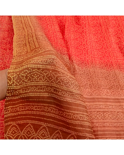 Sanskriti Vintage Sarees Red Bandhani Pure Silk Printed Sari Floral Craft Fabric, PR-63955-Red-Pure Silk-6