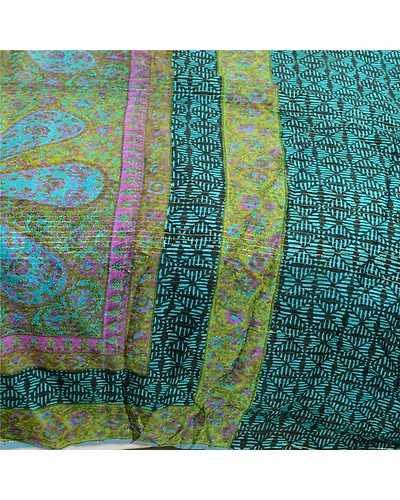 Sanskriti Vintage Sarees Indian Blue Printed Woven Pure Silk Sari Craft Fabric, PR-63964-Blue-Pure Silk-3