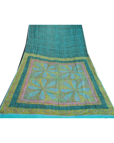 Sanskriti Vintage Sarees Indian Blue Printed Woven Pure Silk Sari Craft Fabric, PR-63964-Blue-Pure Silk-7