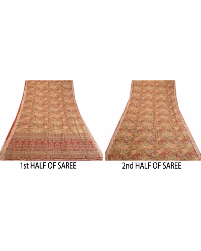 Sanskriti Vintage Sarees Indian Peach Printed Pure Silk Sari Soft Craft Fabric, PR-63969-Peach-Pure Silk-4