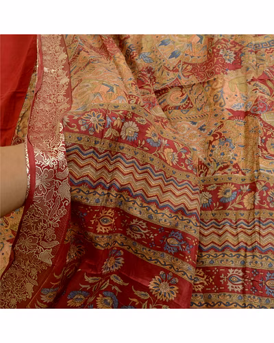 Sanskriti Vintage Sarees Indian Peach Printed Pure Silk Sari Soft Craft Fabric, PR-63969-Peach-Pure Silk-5