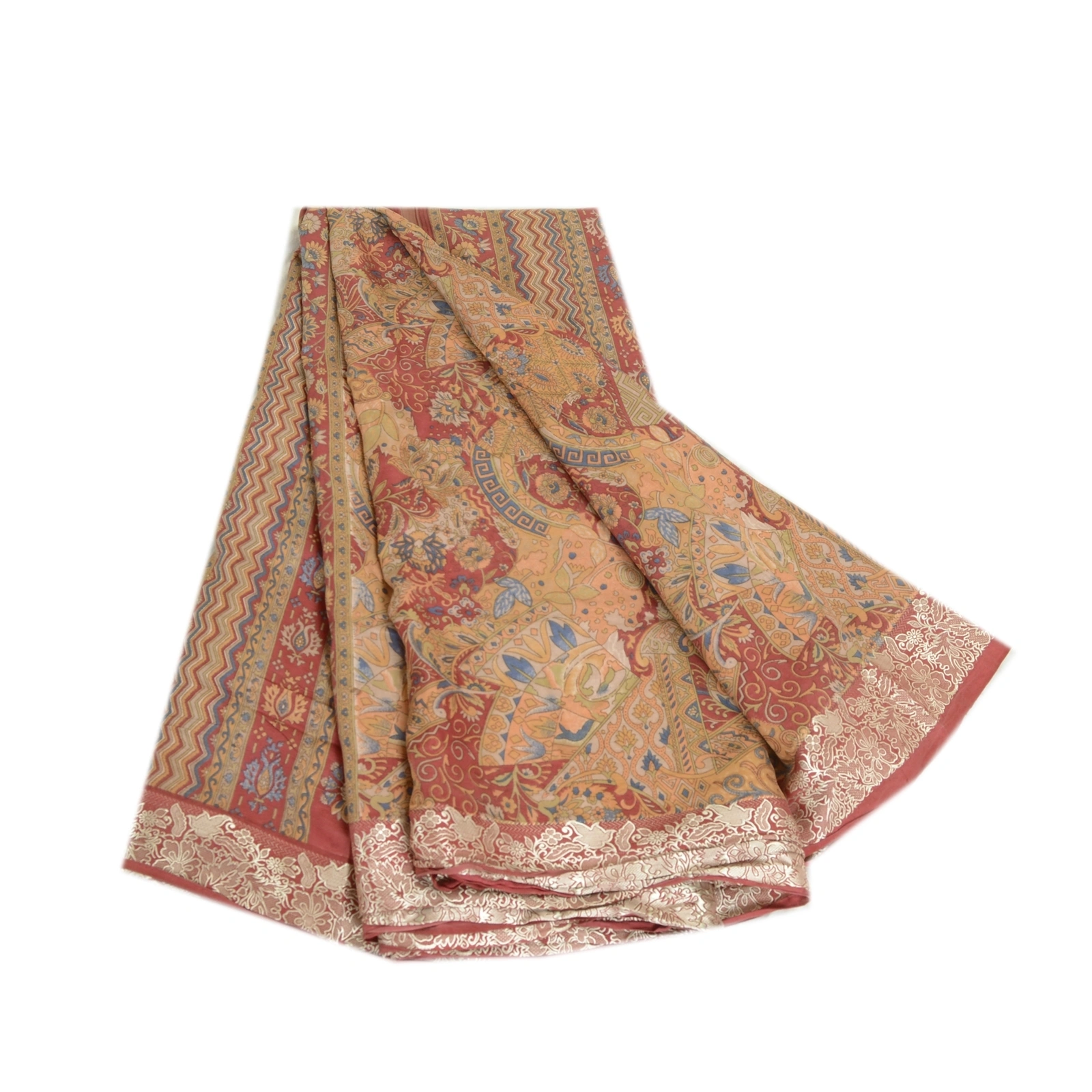 Sanskriti Vintage Sarees Indian Peach Printed Pure Silk Sari Soft Craft Fabric, PR-63969-Peach-Pure Silk-6