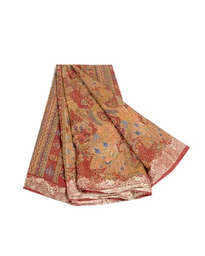 Sanskriti Vintage Sarees Indian Peach Printed Pure Silk Sari Soft Craft Fabric, PR-63969-Peach-Pure Silk-6