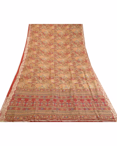 Sanskriti Vintage Sarees Indian Peach Printed Pure Silk Sari Soft Craft Fabric, PR-63969-Peach-Pure Silk-7