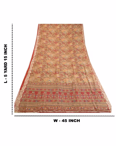 Sanskriti Vintage Sarees Indian Peach Printed Pure Silk Sari Soft Craft Fabric, PR-63969-Peach-Pure Silk-8