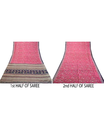 Sanskriti Vintage Sarees From India Pink Printed Pure Silk Sari 5Yd Craft Fabric, PR-63981-Pink-Pure Silk-4