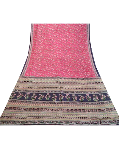 Sanskriti Vintage Sarees From India Pink Printed Pure Silk Sari 5Yd Craft Fabric, PR-63981-Pink-Pure Silk-7