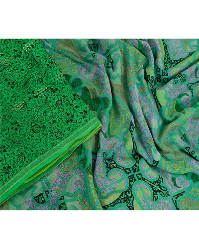 Sanskriti Vintage Sarees Green Pure Silk Printed Woven Sari Floral Craft Fabric, PR-63986-Green-Pure Silk-1
