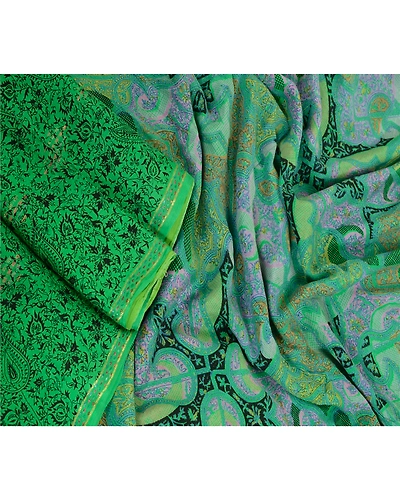 Sanskriti Vintage Sarees Green Pure Silk Printed Woven Sari Floral Craft Fabric, PR-63986-Green-Pure Silk-2