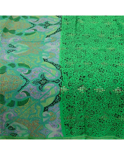 Sanskriti Vintage Sarees Green Pure Silk Printed Woven Sari Floral Craft Fabric, PR-63986-Green-Pure Silk-3