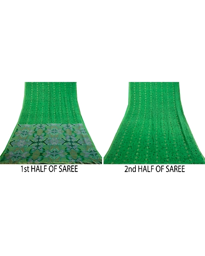 Sanskriti Vintage Sarees Green Pure Silk Printed Woven Sari Floral Craft Fabric, PR-63986-Green-Pure Silk-4