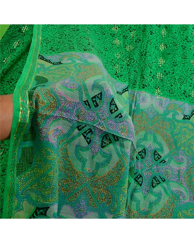 Sanskriti Vintage Sarees Green Pure Silk Printed Woven Sari Floral Craft Fabric, PR-63986-Green-Pure Silk-5