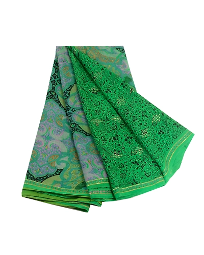 Sanskriti Vintage Sarees Green Pure Silk Printed Woven Sari Floral Craft Fabric, PR-63986-Green-Pure Silk-7