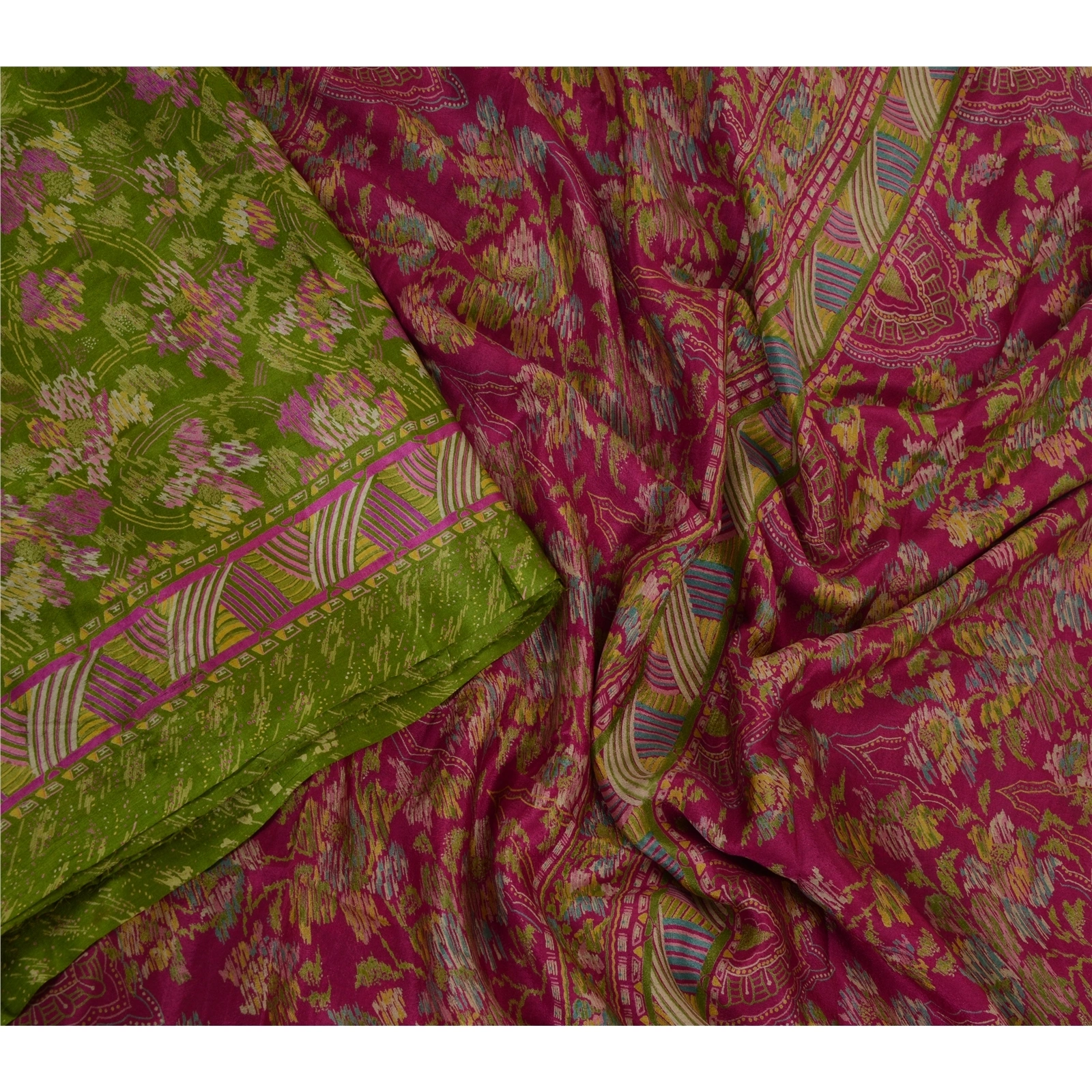 Sanskriti Vintage Sarees Green Indian Pure Silk Printed Sari Floral Craft Fabric, PR-63994-Green-Pure Silk-2