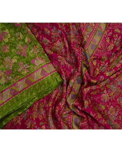 Sanskriti Vintage Sarees Green Indian Pure Silk Printed Sari Floral Craft Fabric, PR-63994-Green-Pure Silk-2