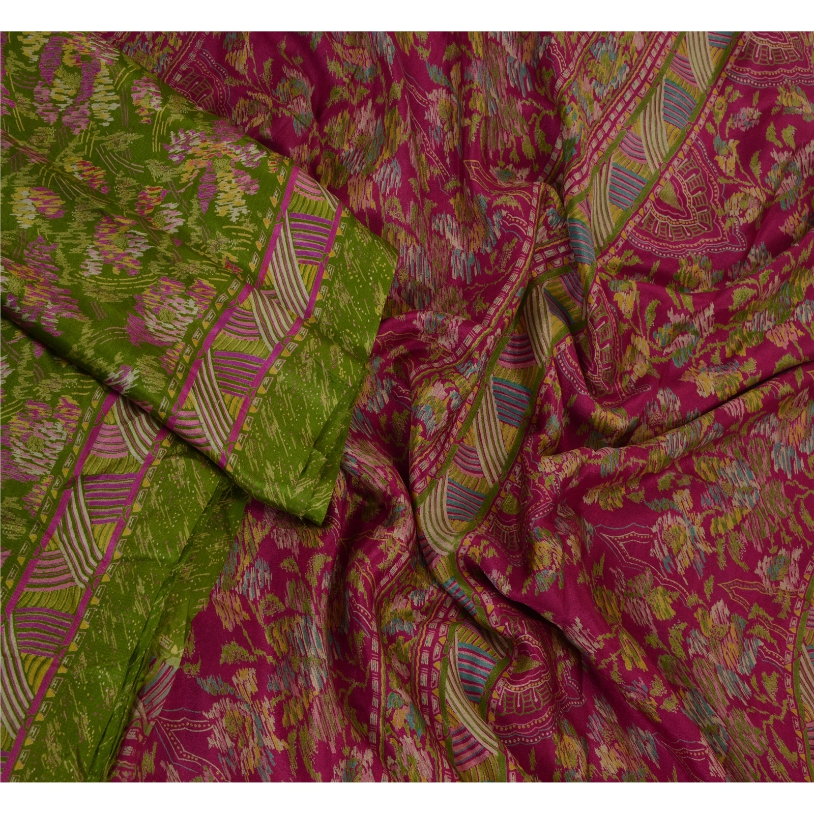 Sanskriti Vintage Sarees Green Indian Pure Silk Printed Sari Floral Craft Fabric, PR-63994-Green-Pure Silk-3